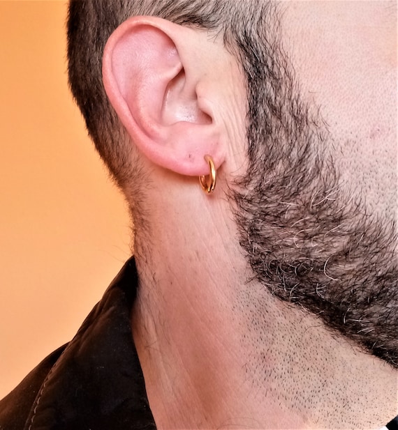 Golden Hoops for Men in Stainless Steel Gold Huggie Earrings 14mm