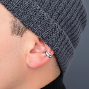 Sterling Silver Wave Ear Cuff for Men – Adjustable No Piercing Needed Cartilage Earring