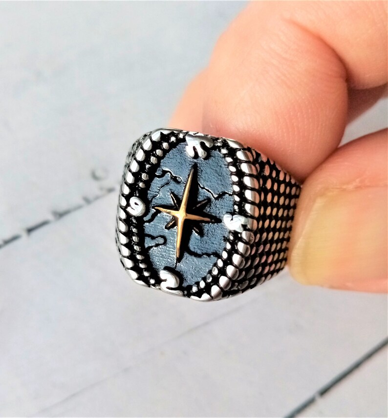 Compass rose in steel ring for men / Compass rose ring / Etsy