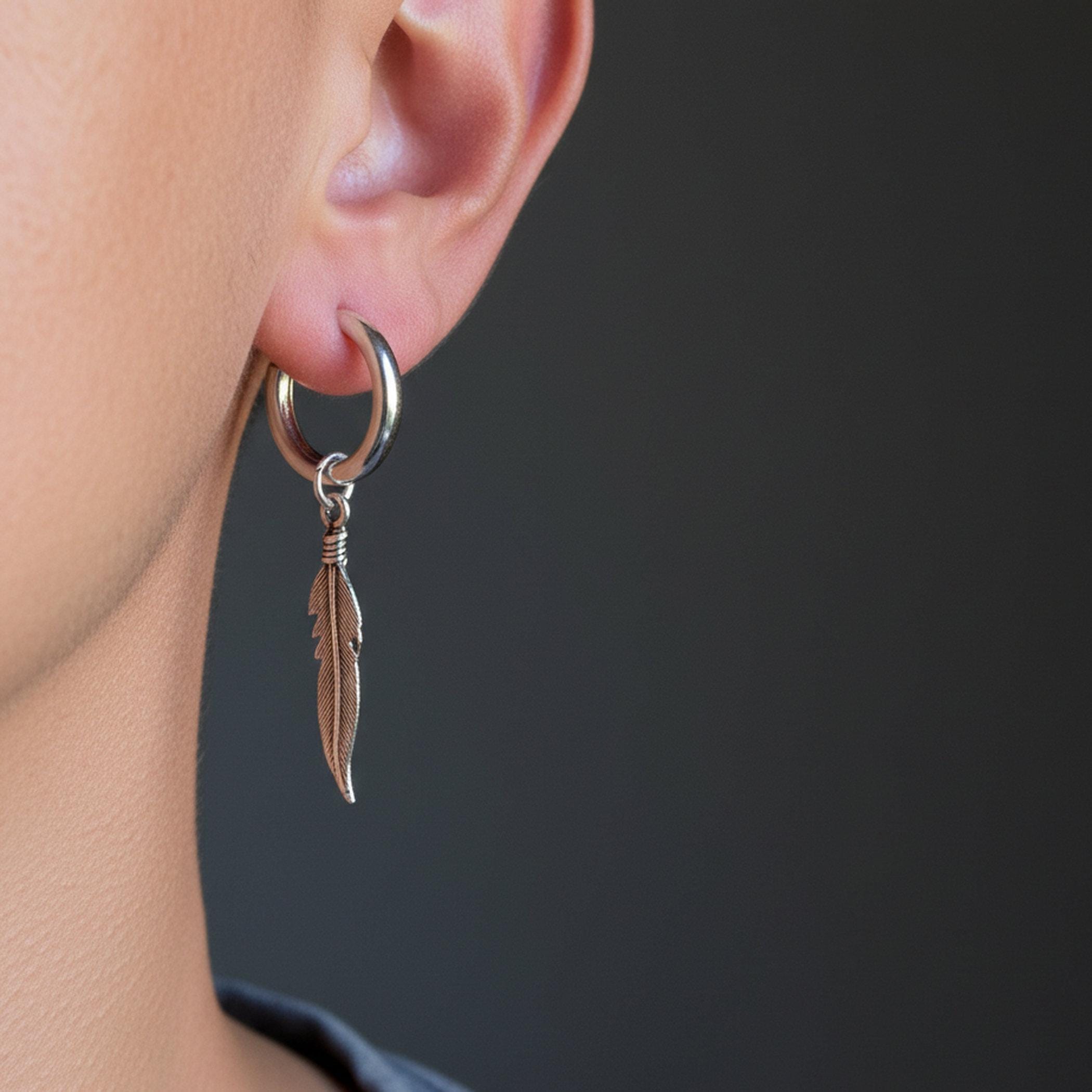 Orecchini a cerchio con piume - Argento Sterling SS925, extra larghi 4 mm, ciondolo staccabile - Italia