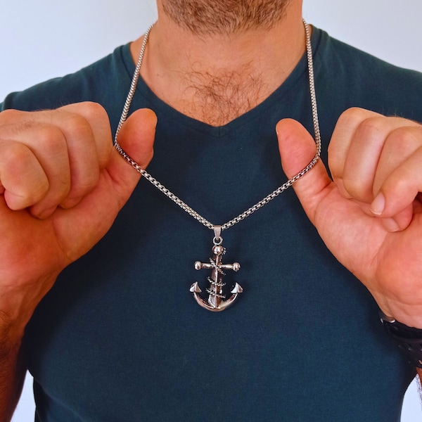 Men's Anchor Necklace Nautical Pendant Rope Details Maritime Jewelry Sailor Necklace Ocean-Inspired Accessory Statement Pendant Gift for Him