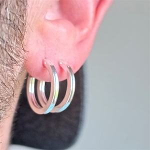 Créoles en argent 925 pour homme, 12 g, carré Huggie Hoops, simple boucle d'oreille minimaliste pour homme, 16 mm, cadeau pour lui