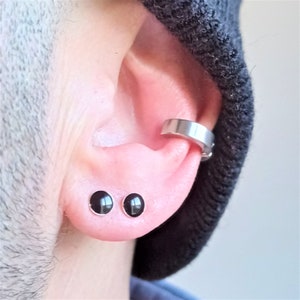 Boucle d'oreille en argent sterling 925 avec onyx noir poli - Clou minimaliste pour homme (6 mm)