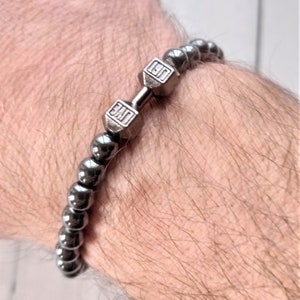 Double chrome-plated stainless steel bracelet with gym dumbbell charm / Men&#39;s chrome-plated steel bracelet with dumbbell