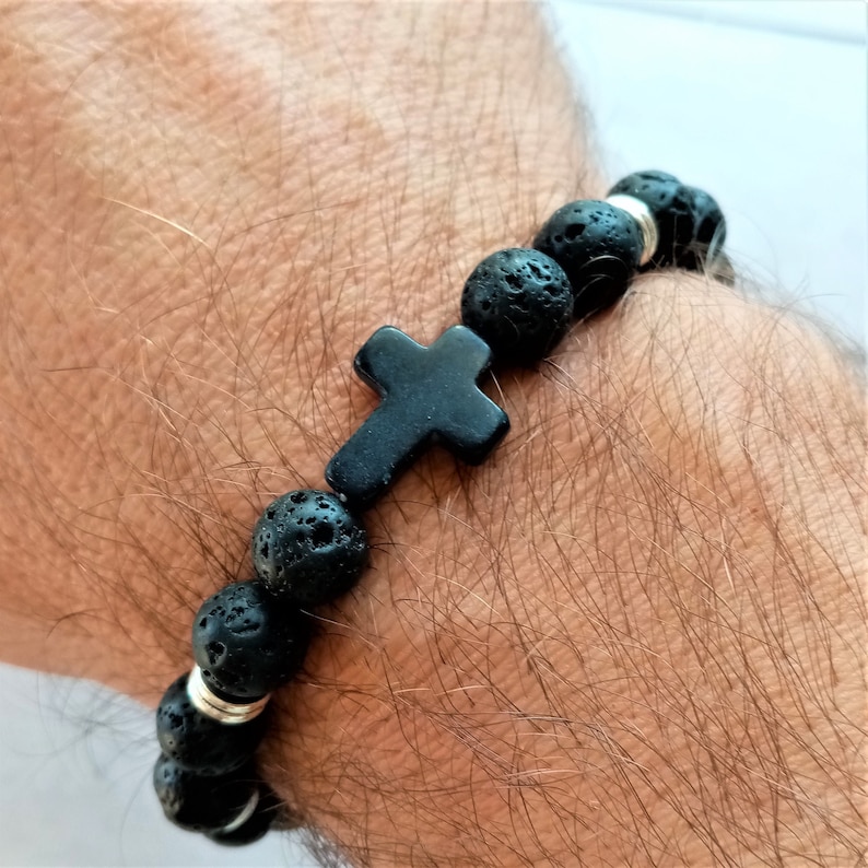 Natural volcanic lava bracelet with cross for men  volcano lava balls bracelet  black lava bracelet  VULKAN CROSS