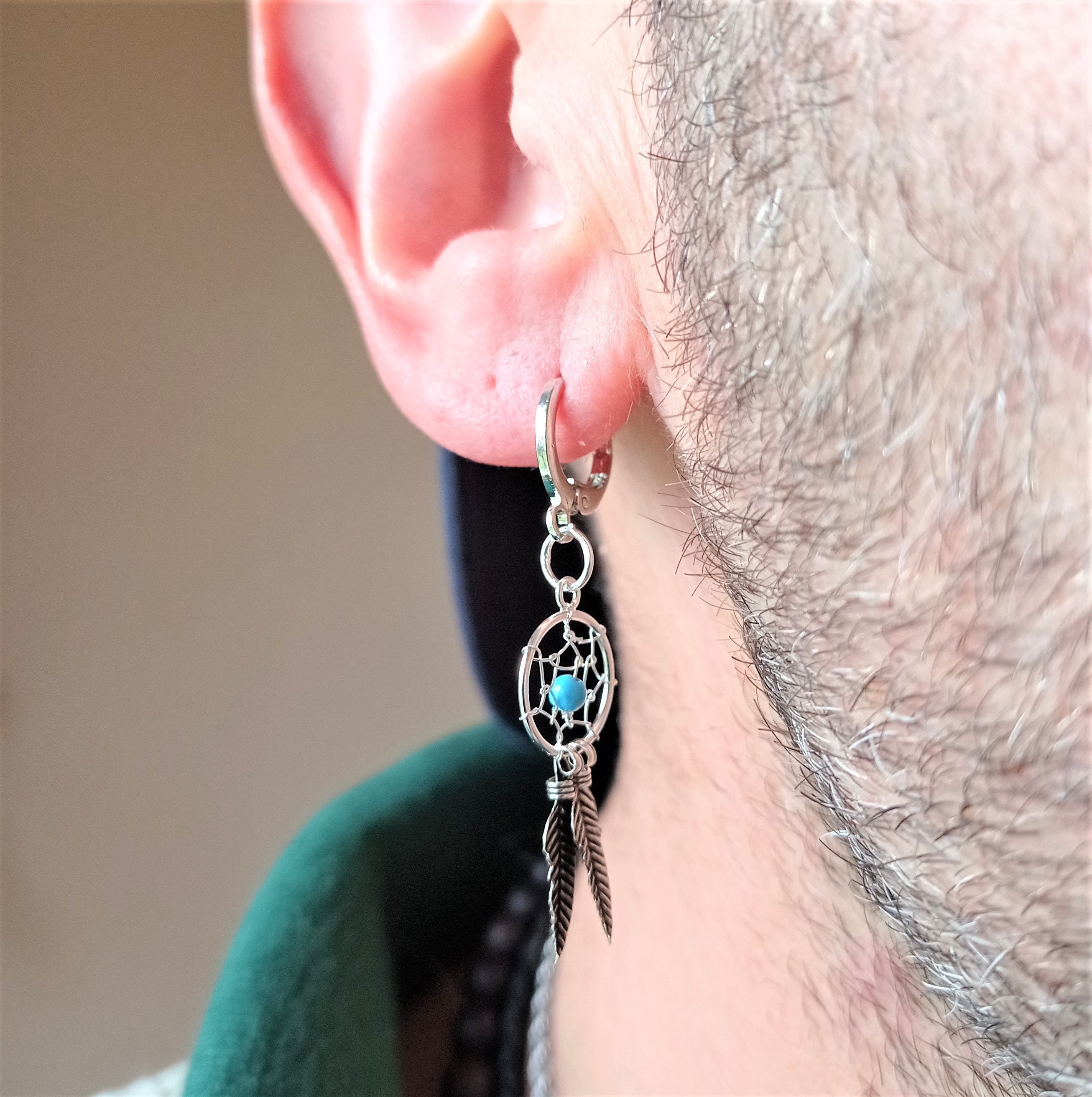 Orecchini Acchiappasogni Turchese In Argento Sterling 925 - Gioielli Artigianali Con Ciondolo Piuma