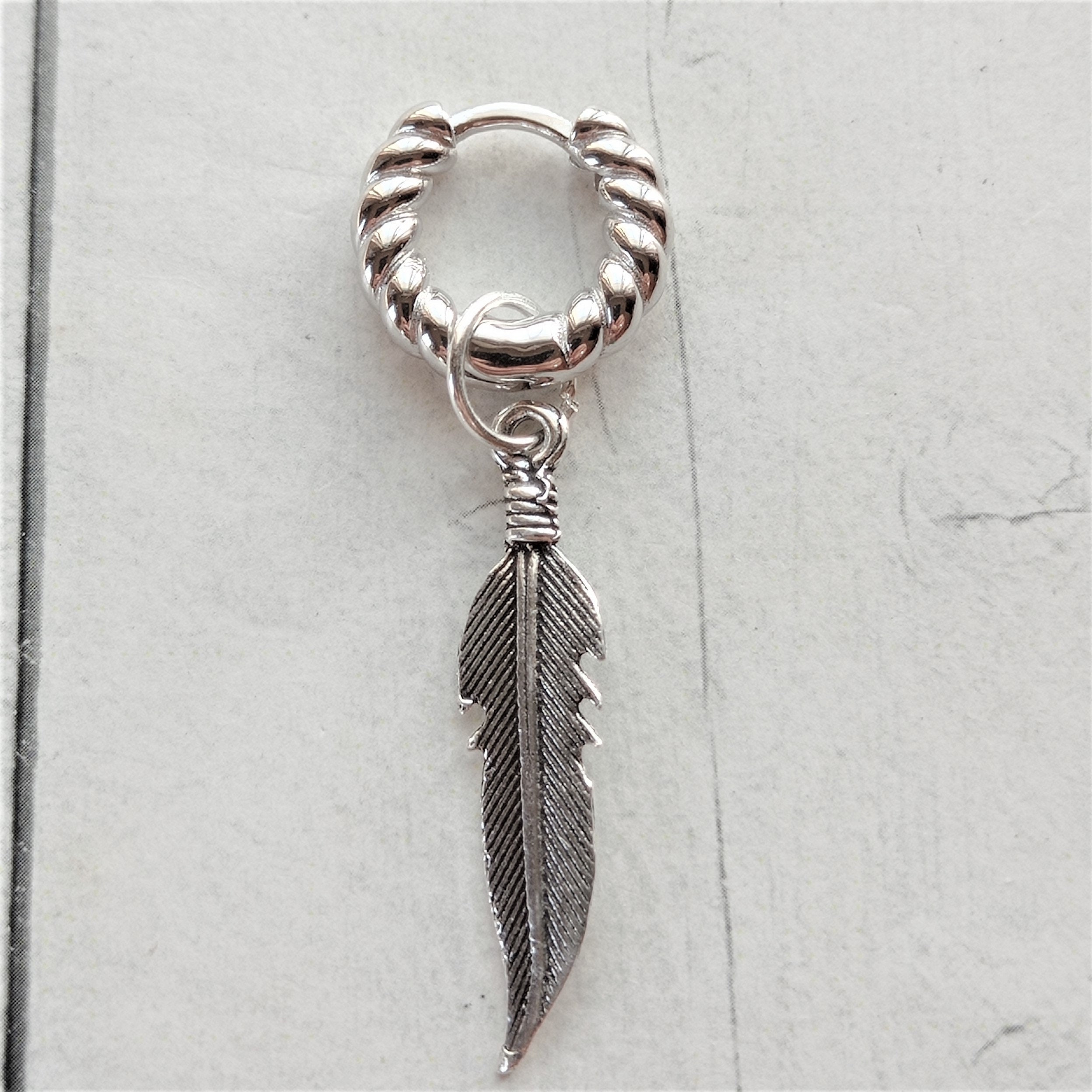 Orecchini A Cerchio In Argento 925 Con Piuma Naturale E Ramo – Design A Spirale Scorrevole, Gioiello Vintage In Cofanetto Regalo