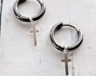 Black enameled 925 Sterling Silver earring with removable silver cross