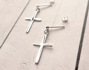 Sterling Silver XL Cross Earring With Pressure Stud Closure