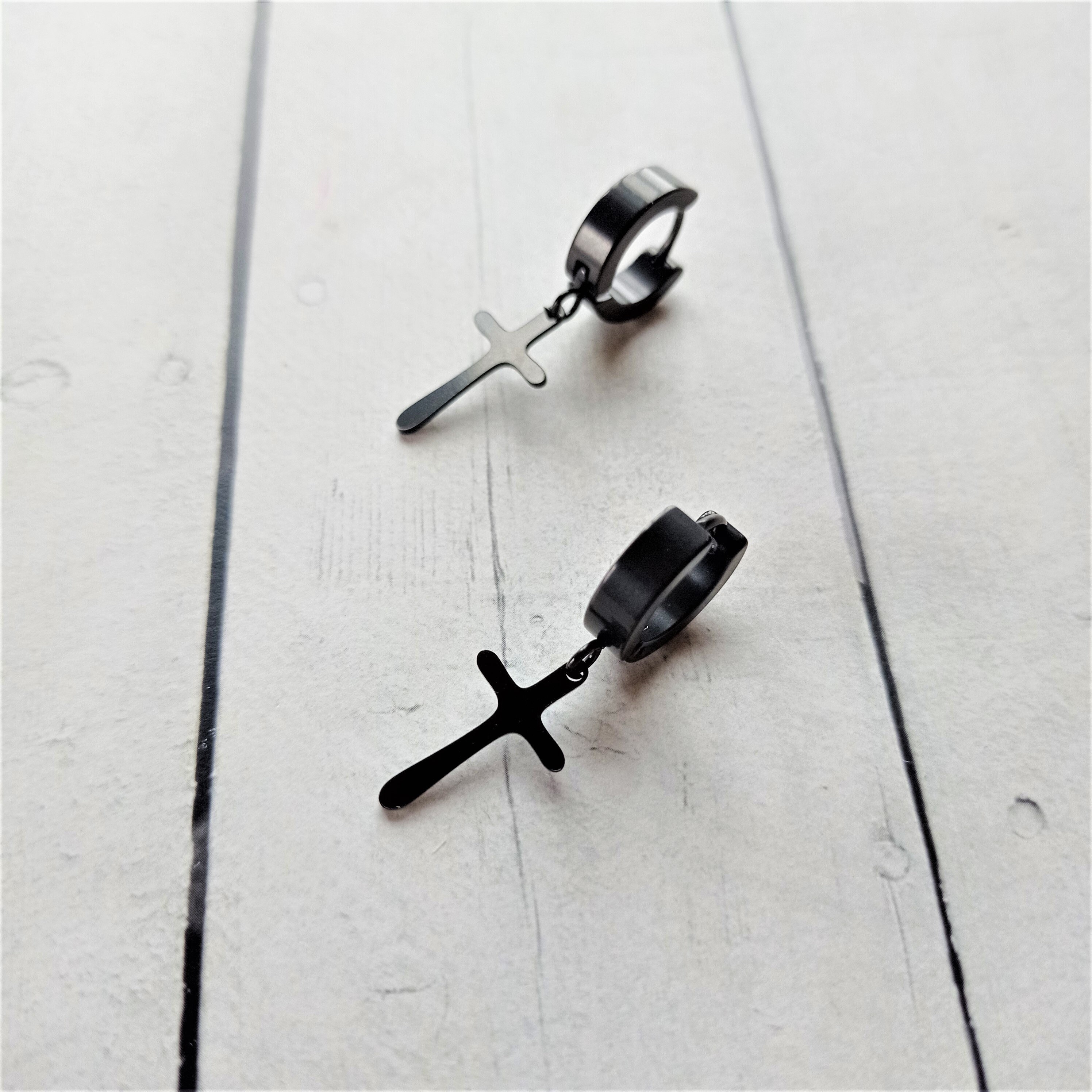 Black Hoop Earring With Cross Black Stelle Hoops With Cross - Etsy