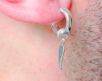 Orecchini a cerchio con piume - Argento Sterling SS925, extra larghi 4 mm, ciondolo staccabile - Italia Orecchini a cerchio con piume - Argento Sterling SS925, extra larghi 4 mm, ciondolo staccabile - Italia