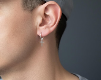 Sterling Silver 925 Cross Hoop Earring for Men - Etsy