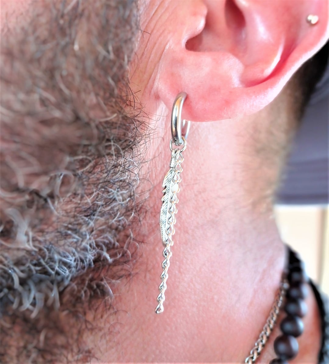 Men's Steel Hoop Earring: Sterling Silver Feather Chain Dangle