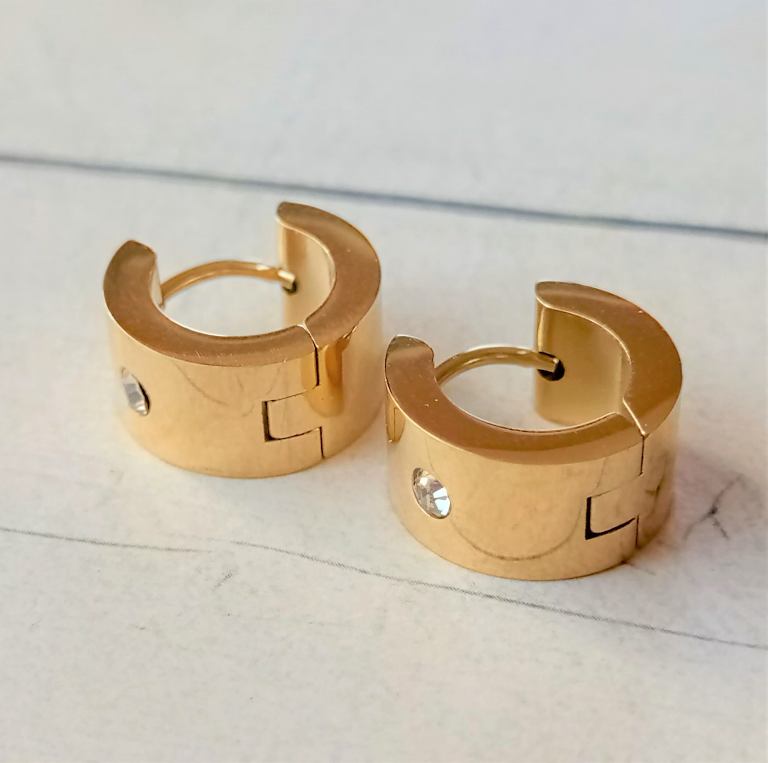 Extra Wide Hoop Earring in Gold Steel 14 mm with Zirconite / Wide Gold Hoop Earring with Zirconite for Men