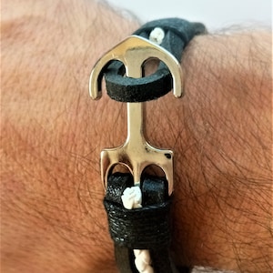 Set of Faux  leather bracelets with anchor for men / Nautical bracelet with anchor- BLACK WHITE ANCHOR