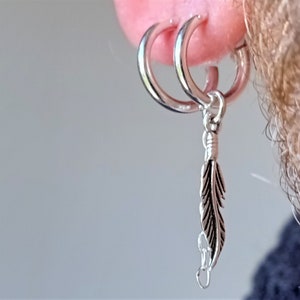 925 Sterling Silver Hoop Earring with Feather and Chain – 14mm Dangle Earring for Men – Unisex Minimalist Silver Jewelry