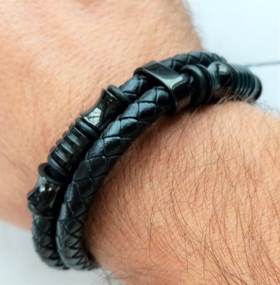 Double black leather on sale bracelet