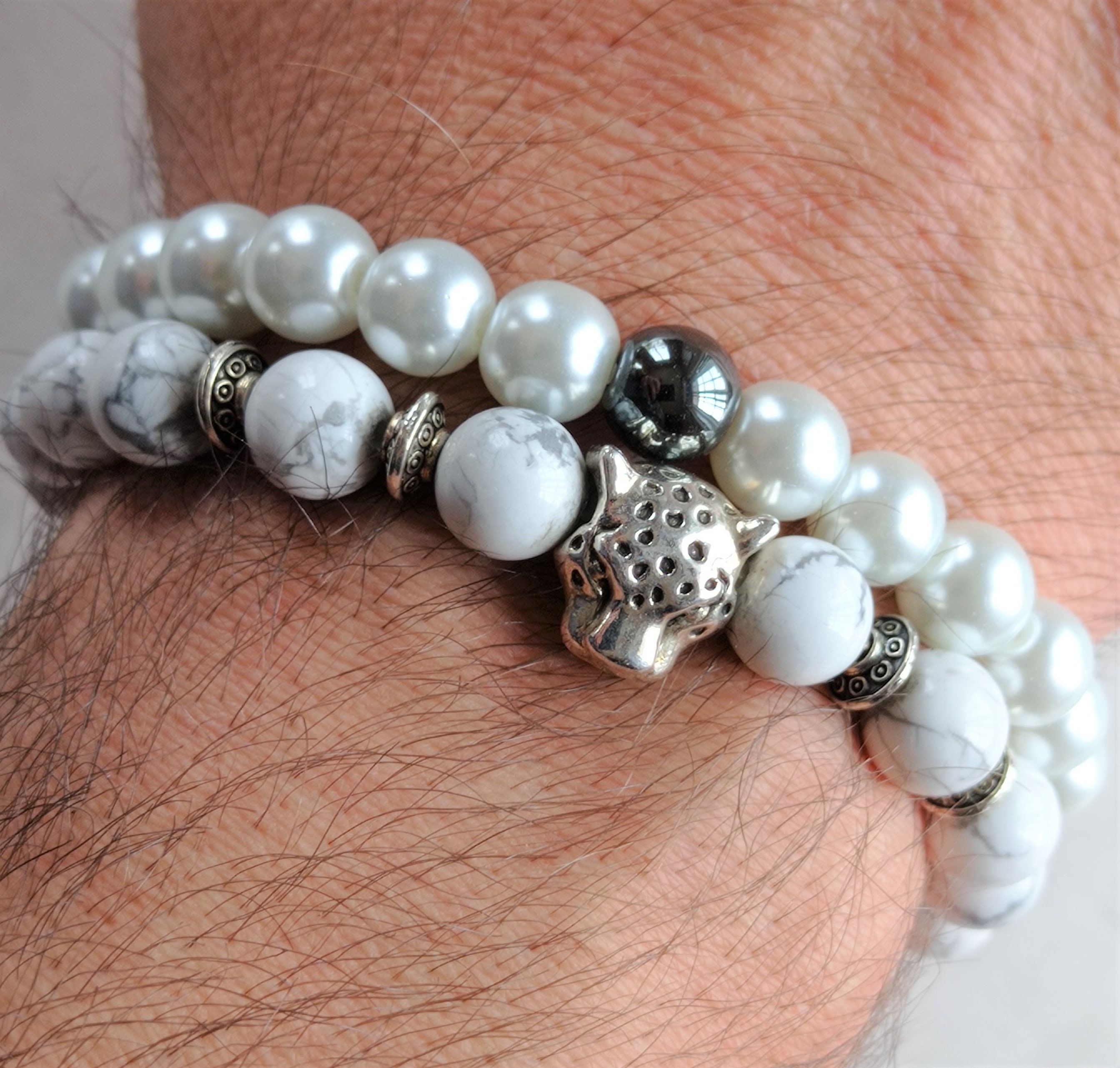 Set of Bracelets With Glass Pearl Spheres and Veined Marble Beads With  Leopard Charm Leopard on Snowy Mountain. 