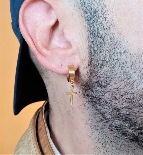 thumbnail image 2 of Men's Gold Plated Sterling Silver Screw Back Stud Cz Cross Dangle Hoop Earrings 2 of 4