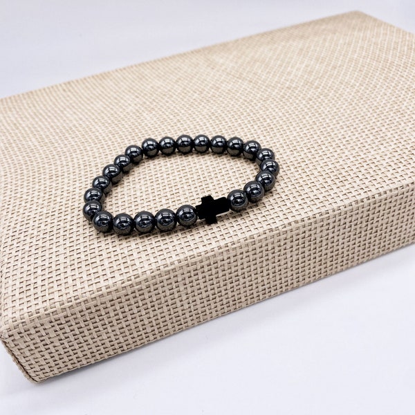 Onyx Black Mens Bracelet with Cross