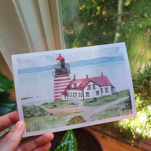 West Quoddy Head Light Lubec Maine Watercolor Painting Print