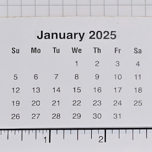 May include: A white rectangular calendar for January 2025, with the days of the week across the top and dates arranged in a grid. The text "January 2025" is at the top.