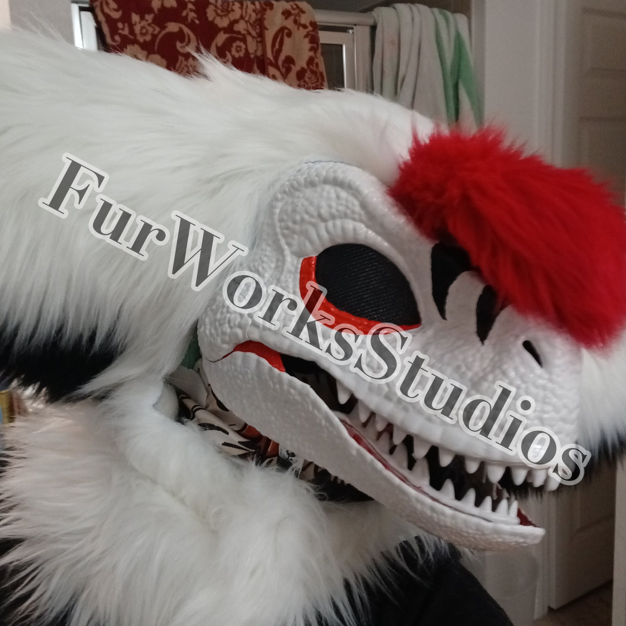 Hand painted red furry dino velociraptor mask fursuit cosplay with ...