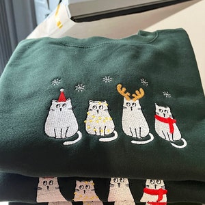 Christmas Cat Embroidery Sweatshirt, Meowy Christmas Sweater, Happy Cat Sweatshirt, Gift Idea for Cat Lovers