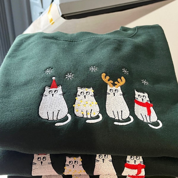 Kerst kat borduurwerk sweatshirt, Meowy kersttrui, Happy Cat sweatshirt, cadeau-idee voor kattenliefhebbers