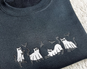 Embroidered Halloween Cat Ghost Sweatshirt, Spooky Season