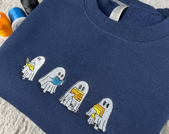 Embroidered Halloween Sweatshirt, Ghost Reading Books