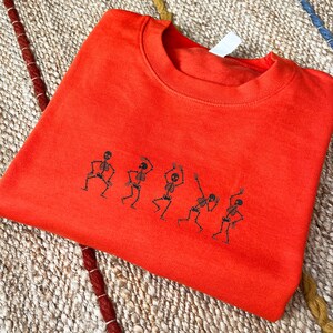 Embroidered Dancing Skeleton Sweatshirt, Spooky Season Crewneck, Cozy Fall Apparel