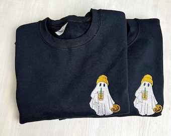 Halloween Ghost with Iced Coffee Embroidery Sweatshirt or T-Shirt
