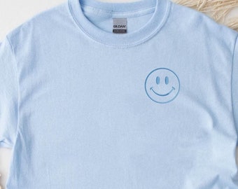 Embroidered Happy Face T-Shirt, Retro Smile Shirt, Light Blue