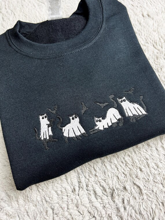 Embroidered Cat Sweatshirt, Halloween Cat Ghost Sweatshirt, Halloween Sweatshirt, Cute Cat Owner Gift, Gifts For Best Friend