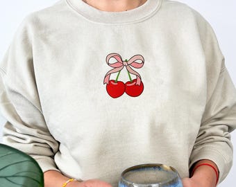 Embroidered Cherries Sweatshirt, Coquette Bow Crewneck