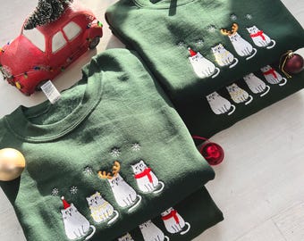 Christmas Cat Embroidery Sweatshirt, Meowy Christmas Sweater