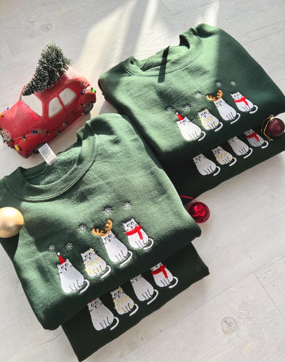 Christmas Cat Embroidery Sweatshirt, Meowy Christmas Sweater