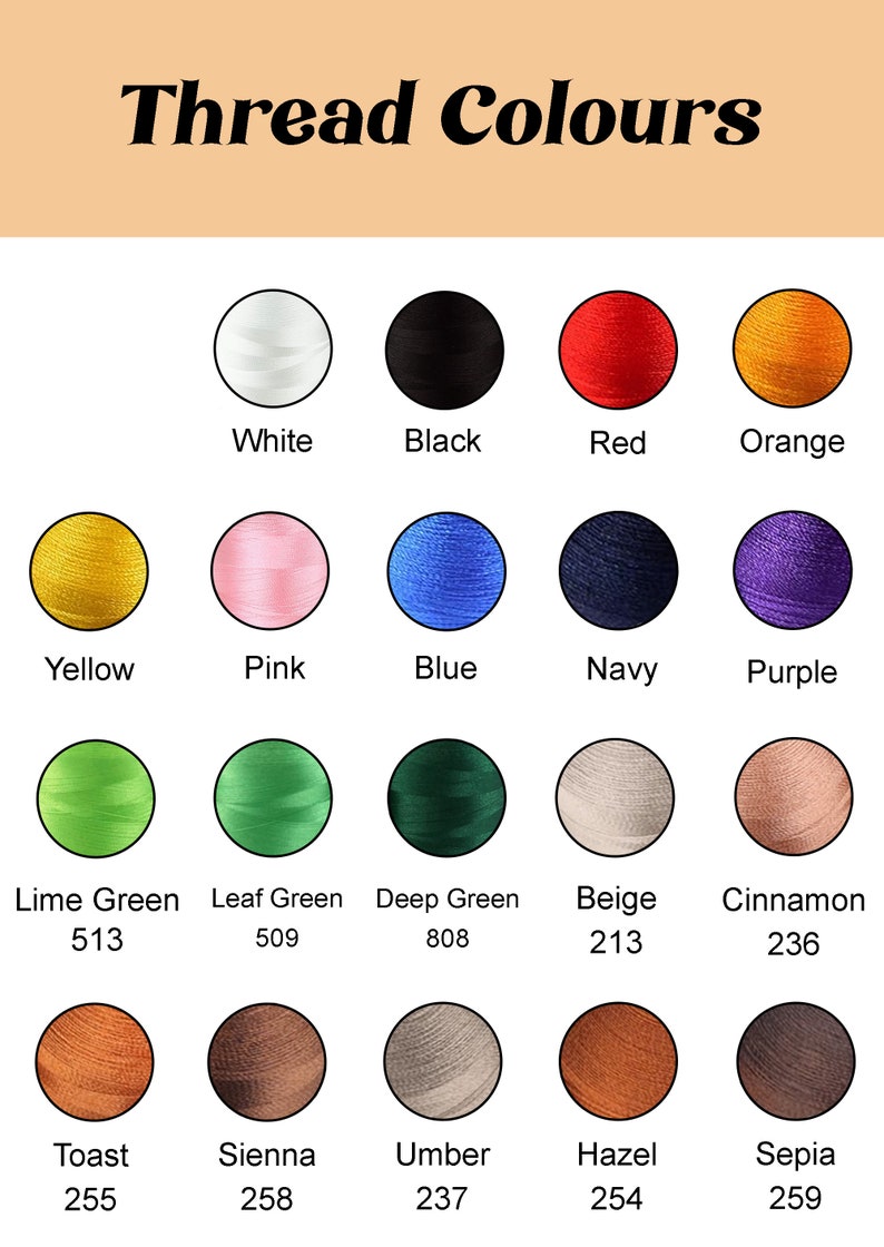 Op de afbeelding: Een kleurenkaart met de titel "Thread Colours" toont een verscheidenheid aan draadkleuren. De kaart bevat wit, zwart, rood, oranje, geel, roze, blauw, marine, paars, limoengroen, bladgroen, diepgroen, beige, kaneel, toast, sienna, omber, hazelnoot en sepia.