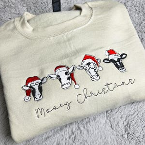 Christmas Cows Embroidery Sweatshirt, Festive Farmhouse Sweater