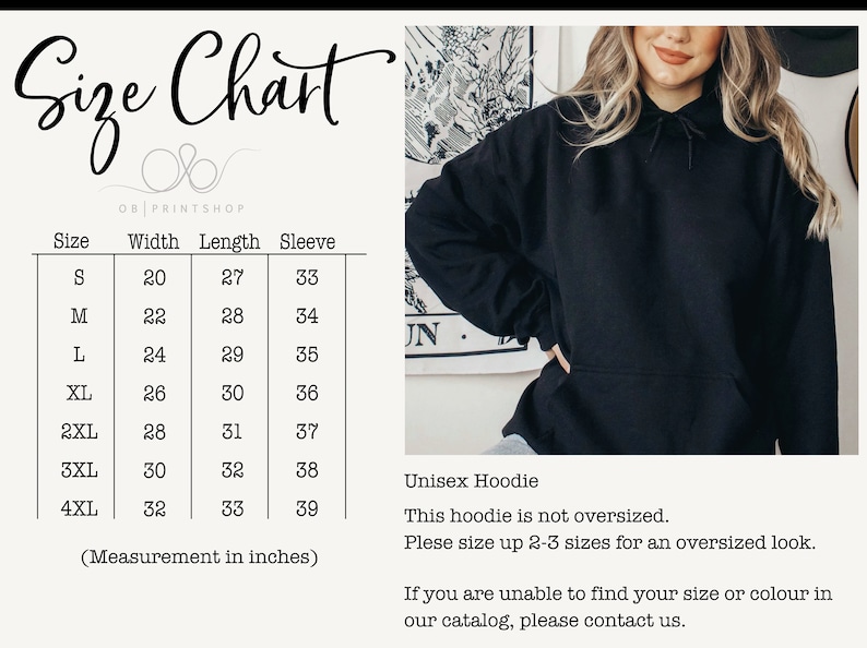 May include: Black unisex hoodie with a size chart showing measurements in inches. The chart lists sizes S to 4XL, with corresponding width, length, and sleeve measurements. The hoodie is shown on a person. The text says "Unisex Hoodie".