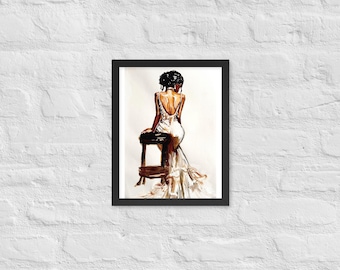 Framed Fine Art Painting Print – Elegant Woman in White Backless Dress on Stool | Original Artwork Print