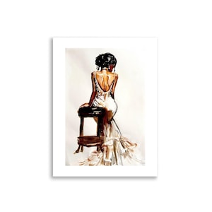 May include: An art print of a woman in a white gown, seated on a dark wooden stool. The painting showcases the back of the woman, highlighting the low-cut back of the dress and her updo hairstyle. The artwork is set against a white background.