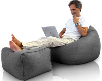 Bean Bag with filling included and footrest - Giant Bean Bag with exclusive design for Salon - XXL Gray Youth Bean Bag