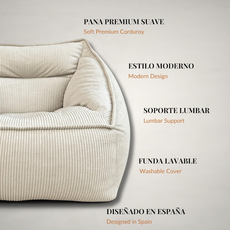 Puede incluir: Un sill&oacute;n de pana color crema con las etiquetas de texto: PANA PREMIUM SUAVE Soft Premium Corduroy, ESTILO MODERNO Modern Design, SOPORTE LUMBAR Lumbar Support, FUNDA LAVABLE Washable Cover y DISE&Ntilde;ADO EN ESPA&Ntilde;A Designed in Spain.