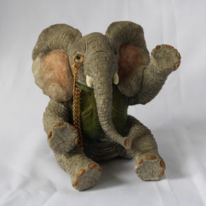 Alistair, Vintage Tuskers Elephant figurine, Tiny chip on ear, Hand painted, Cute sitting elephant with monocle, Lovely resin ornament