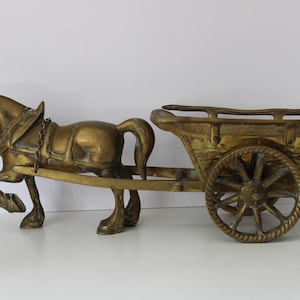 Vintage Solid Brass Horse and Cart Sculpture – Heavy Two-Piece Ornament with Spinning Wheels, Rustic Decor, Collectible Display figurine
