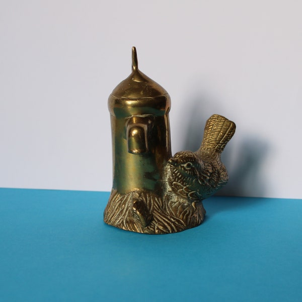 Bird next to water well pump, Vintage brass sculpture, Beautiful ornament, Nice collectable gift