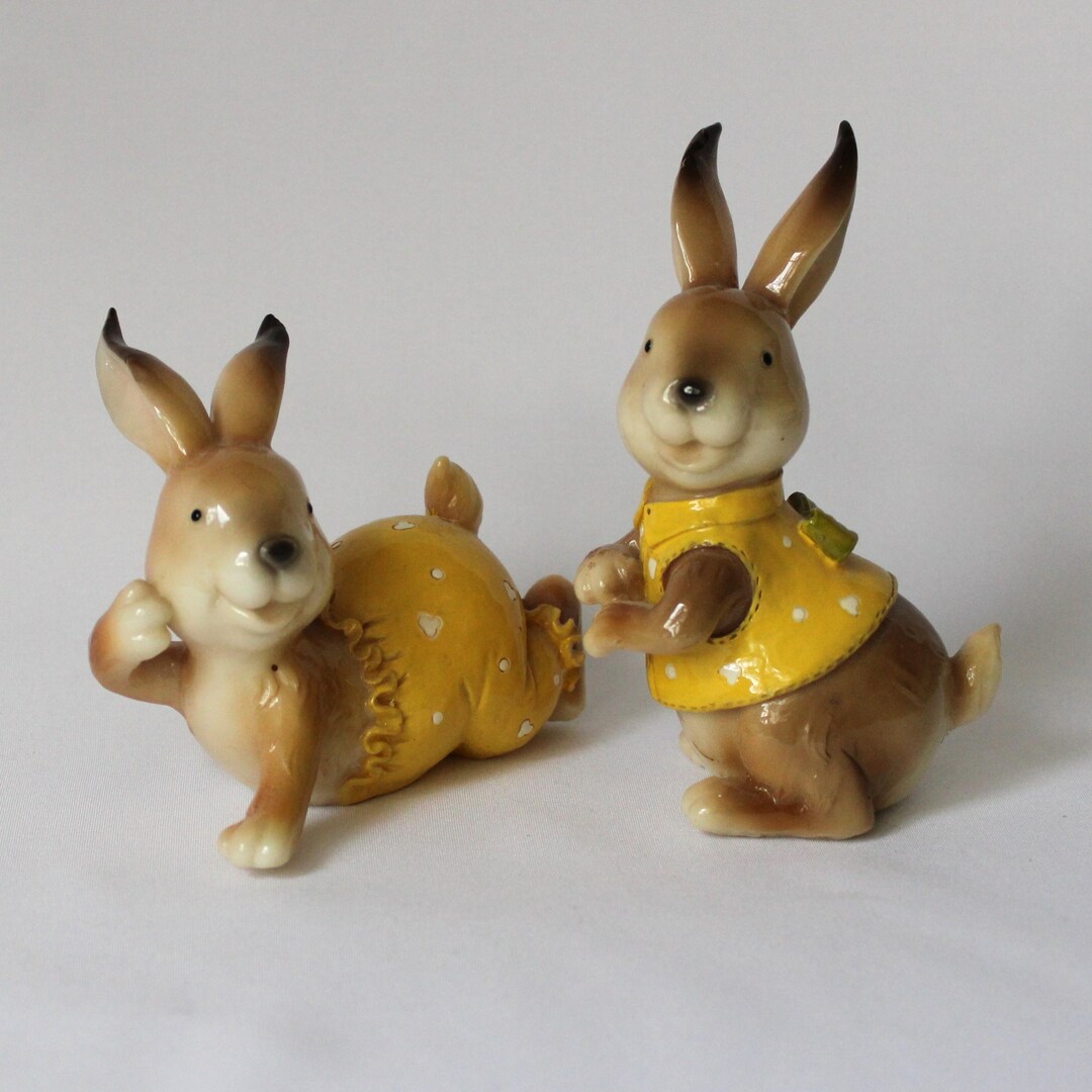 Custom Yellow Rabbit Figure Set of 2 Ceramic Rabbit Figurines – Yellow Outfit Bunny Ornaments ...