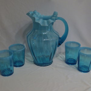 Jefferson Glass Blue Opalescent Pitcher & 4 Tumblers